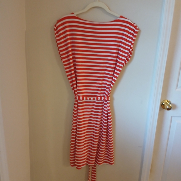 Talbots Women's Reddish Orange And White Striped T Shirt Dress With Belt Size LP - Picture 4 of 10